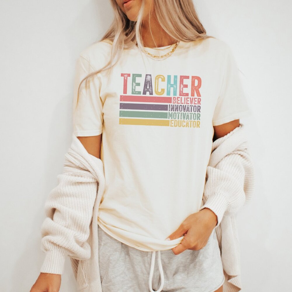 Teacher Graphic Shirt Colorful Believer Innovator Motivator Educator Tee - Picture 3 of 6